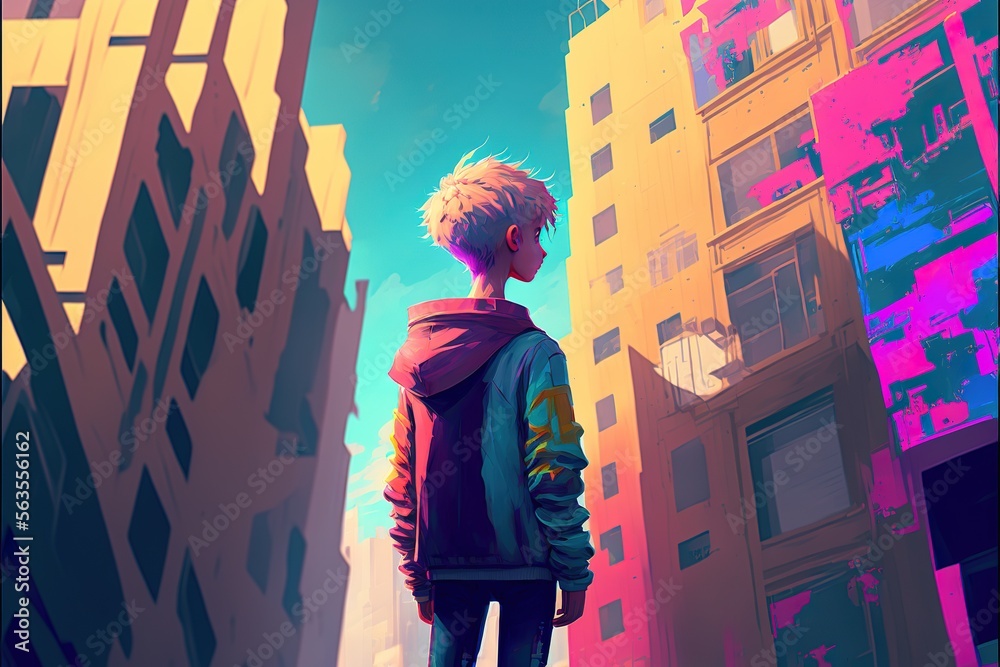 Fototapeta premium Boy standing in between buildings colors. illustration. anime. Digital painting art. digital painting style. generative AI