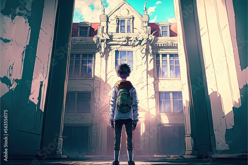 Boy standing in between buildings colors. illustration. anime. Digital painting art. digital painting style. generative AI