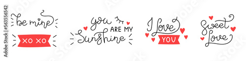 Vector romantic set of handwritten lettering phrases. Collection of black text with hearts. Love quotes for greeting cards or banners. Be mine, sweet love, i love you, you are my sunshine, xoxo.