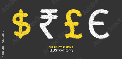 Scribble Chalk Style Rupee Dollar Pound Euro Currency Sign Vector Illustration