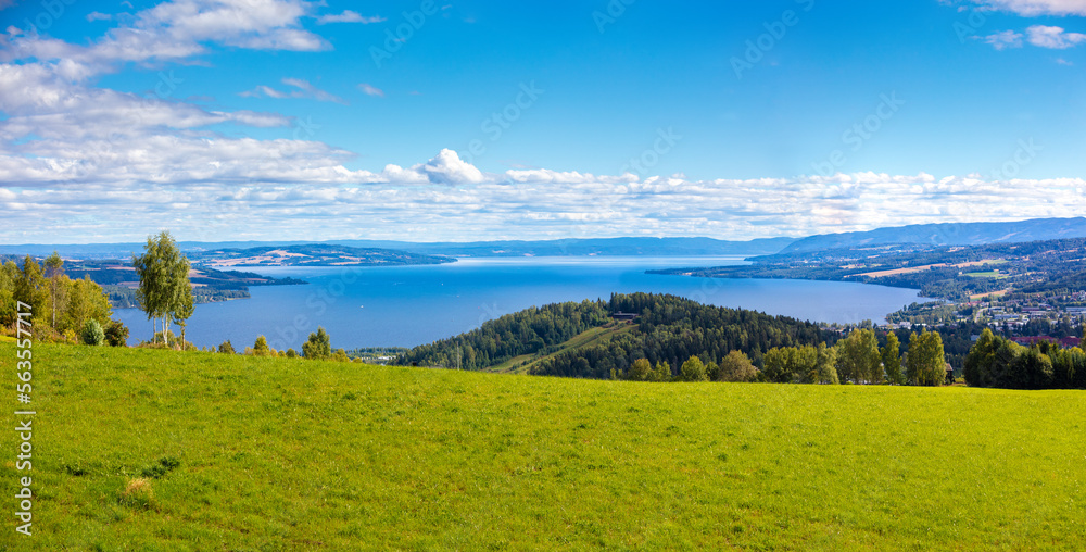 Panoramic view of a beautiful lake Mjosa and Gjovik city in summer. Norway