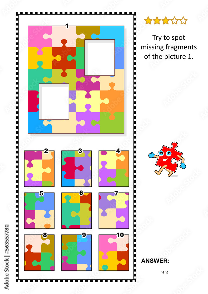 Picture riddle with colorful jigsaw puzzle: Try to spot missing fragments of the picture 1. Answer included.
