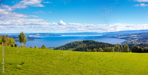 Obraz na płótnie Panoramic view of a beautiful lake Mjosa and Gjovik city in summer. Norway w salonie