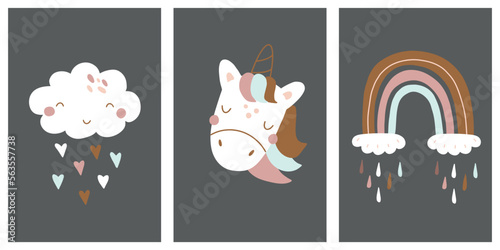 Vector collection of children's wall art. Cute hand drawn design with cloud, rainbow and unicorn for nursery decoration and textile.
