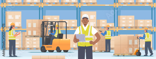 Canvas Print Warehouse interior with workers on the background of racks with boxes of goods on pallets