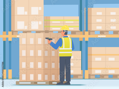 Warehouse worker checks the goods by scanning them with a barcode scanner. Warehouse Logistics. Vector illustration