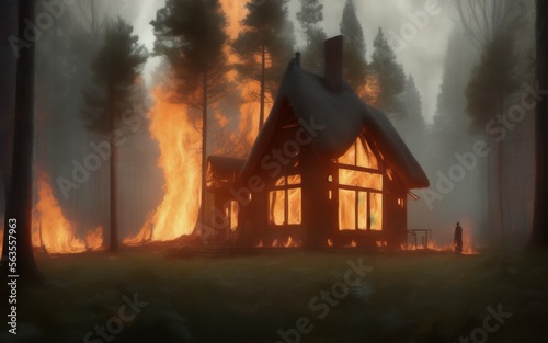 Medieval house on fire in a forest. Created with generative AI