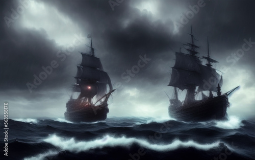 Tall ships battling through Stormy Seas. Created with generative ai
