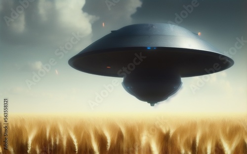 UFO flying over a wheat field. Created with Generative AI