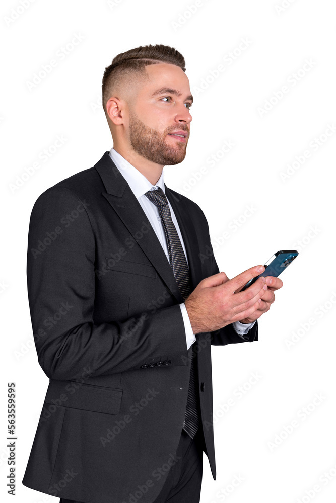 Businessman working with smartphone in hands. Isolated over white background Businessman working with smartphone in hands. Isolated over white background