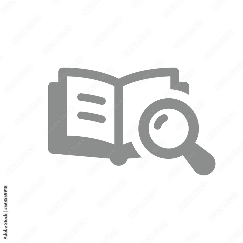 Open book and magnifying glass vector icon. Search, research and magnifier fill symbol.