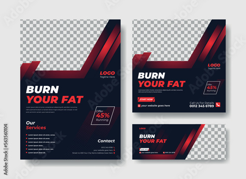 Gym flyer design template. Flyer, social media post and facebook cover design template for gym and fitness. Gym poster, banner and flyer template design set.