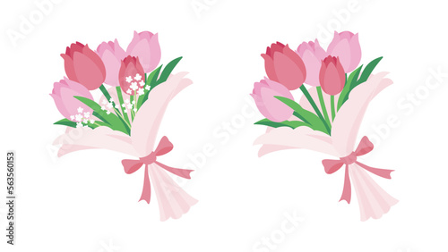 Bouquet of tulips in pink and red with baby's breath.