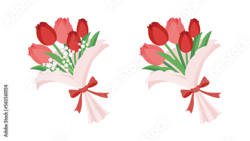 Bouquet of tulips in red and coral color with baby's breath. #563560154