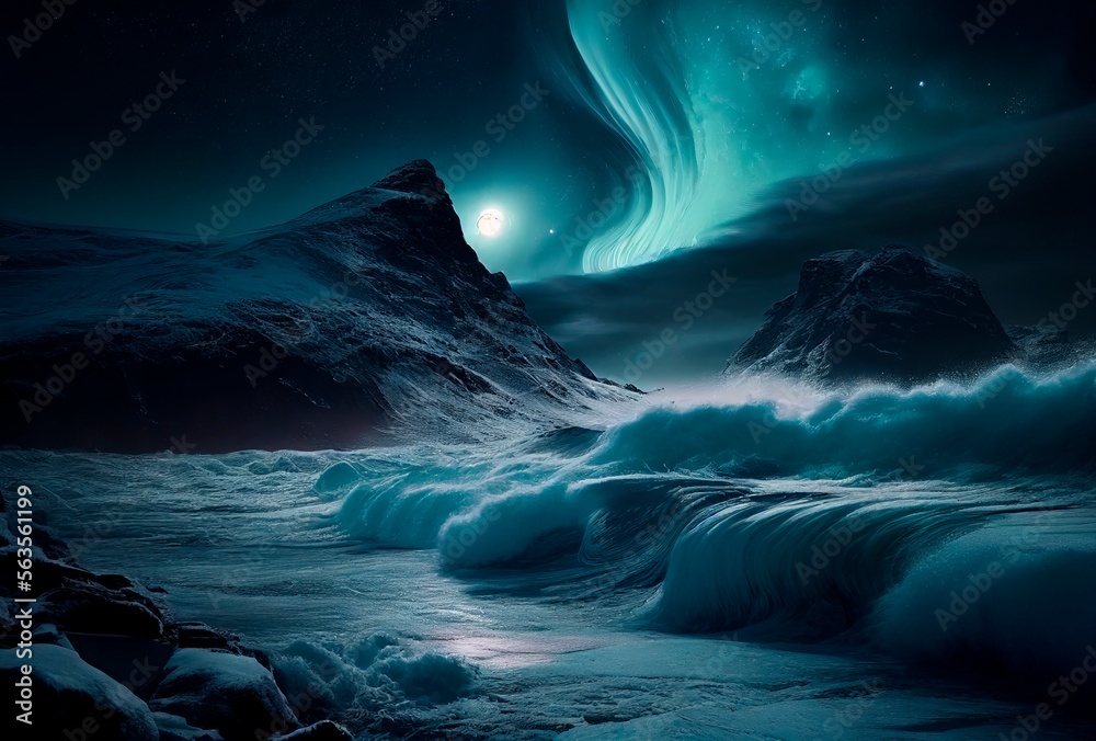 Storm on the ocean, northen light. Beautiful landscape of Islandia, Norway, Generative AI