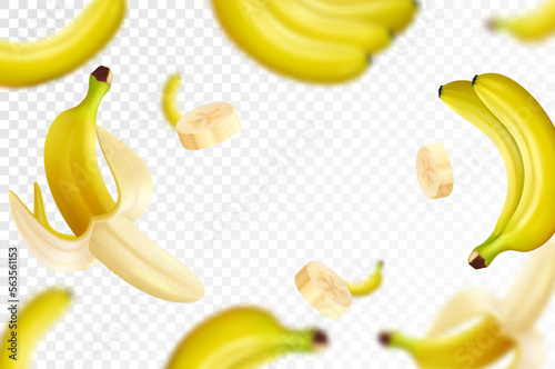 Banana background. Flying bananas are peeled and banana bunches. Unfocused and blurry effect. Can be used for wallpaper, banner, poster, print, fabric, wrapping paper. Realistic 3d vector illustration