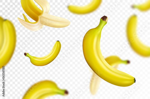 Banana background. Flying bananas are peeled and banana bunches. Unfocused and blurry effect. Can be used for wallpaper, banner, poster, print, fabric, wrapping paper. Realistic 3d vector illustration