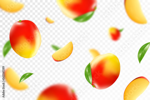 Mango background. Flying mango with green leaves and slices of mango fruits. Blurry effect. Can be used for wallpaper  banner  poster  print  fabric  wrapping paper. Realistic 3d vector illustration