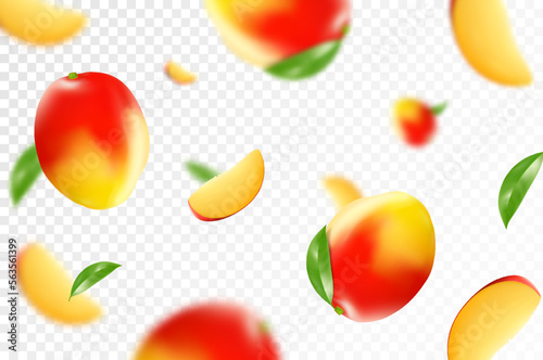 Mango background. Flying mango with green leaves and slices of mango fruits. Blurry effect. Can be used for wallpaper, banner, poster, print, fabric, wrapping paper. Realistic 3d vector illustration