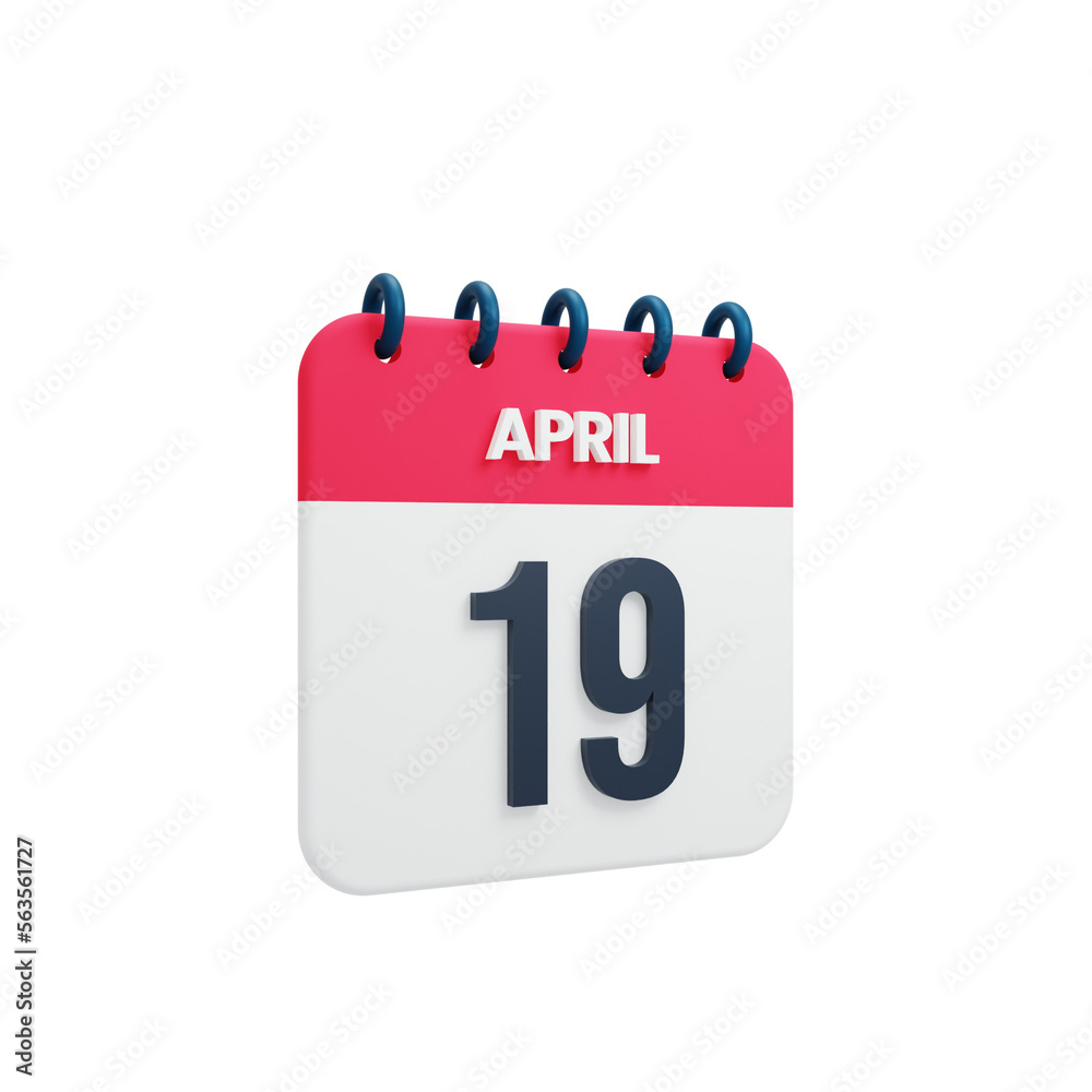 April Realistic Calendar Icon 3D Rendered Date April 19