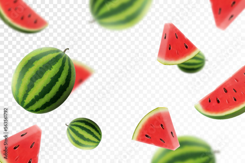 Watermelon background. Flying whole and sliced watermelon fruits with blurry effect. Can be used for advertising, packaging, banner, poster, print. Realistic 3d vector design