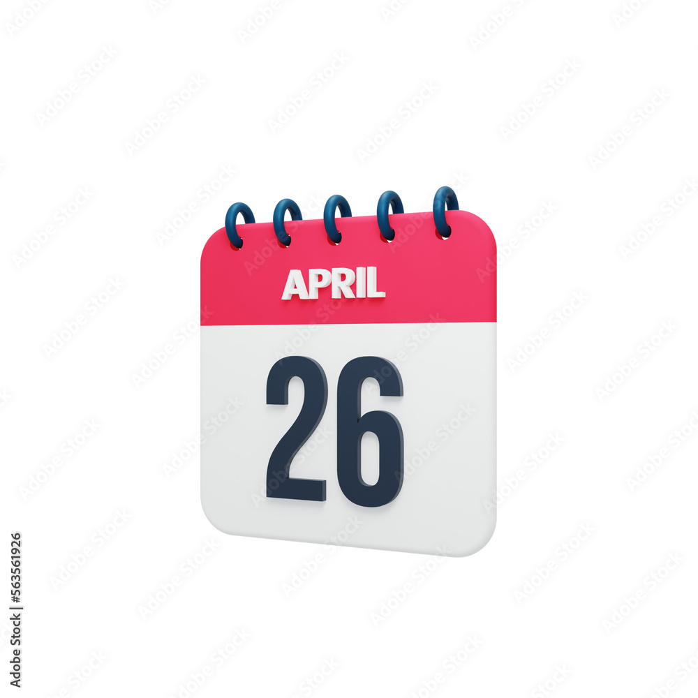 April Realistic Calendar Icon 3D Rendered Date April 26 April Realistic Calendar Icon 3D Rendered Date April 26