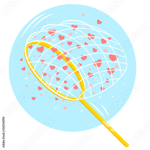 Butterfly net catching many hearts conceptual isolated illustration in flat style, popularity in social networks, many likes hearts on social networks