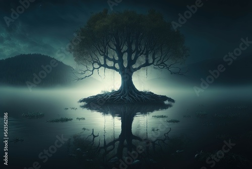 Mystical Tree in the middle of a Lake. Generative AI.  
