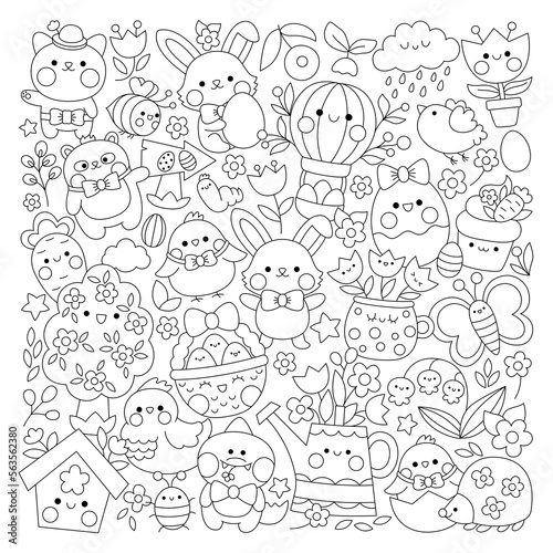 Vector Easter square line coloring page for kids with cute kawaii characters. Black and white spring holiday illustration with funny bunny  chicks  animals  eggs  flowers. Garden color book.