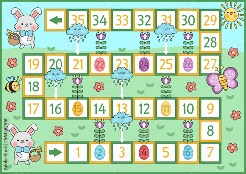Easter board game for children with funny bunny going for egg hunt with basket. Spring holiday party boardgame with flowers, rain, sun, bumblebee. Cute garden printable roll a dice activity.