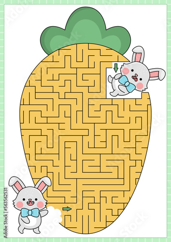 Easter maze for kids. Spring holiday preschool printable activity with kawaii bunny eating big carrot. Geometrical labyrinth game or puzzle with cute character, traditional vegetable.