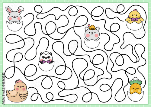 Easter maze for kids. Spring holiday preschool printable activity with kawaii hen searching for chick. Garden labyrinth game or puzzle with cute characters hiding in eggs, cat, carrot, panda, bunny.