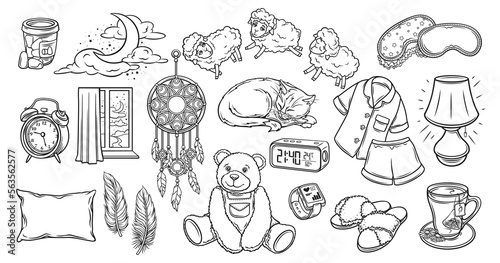 Time to sleep set of line icons vector illustration. Hand drawn outline home pillow and window with night moon, alarm and digital clock, earplugs and herbal tea, pajamas to sleep with good dreams