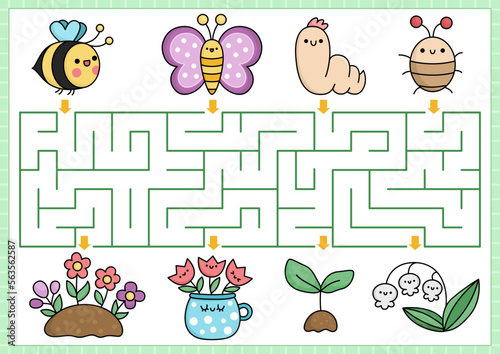 Spring maze for kids. Garden geometrical preschool printable activity with kawaii insects and flowers. Easter holiday labyrinth game or puzzle with cute bumblebee, butterfly, worm, beetle.