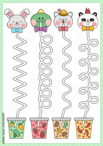 Vector handwriting practice worksheet with cute kawaii animals drinking bubble tea with different tastes. Printable activity for preschool children. Educational tracing game for writing skills.