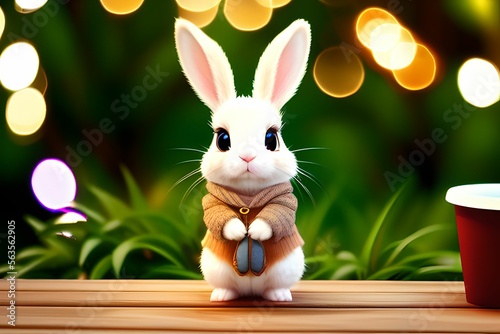 a white rabbit wearing a cute jacket looking at the camera made with generative AI made with Generative AI