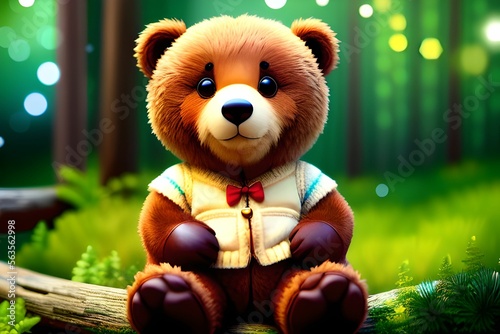 a teddy bear sitting on a log with a forest background made with generative AI made with Generative AI