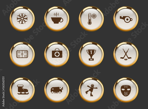 ice rink gold-rimmed vector icons on dark background. ice rink icons in gold frame for web, mobile and ui design