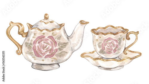 Foto Watercolor vintage illustrations with tea-set: teapot, tea cup and saucer, decorated with gold, roses, leaves