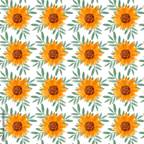 Sunflower watercolor seamless pattern. Yellow flowers garden farmhouse background. Summer flowers  autumn harvest flower with floral elements hand drawn illustration on white background