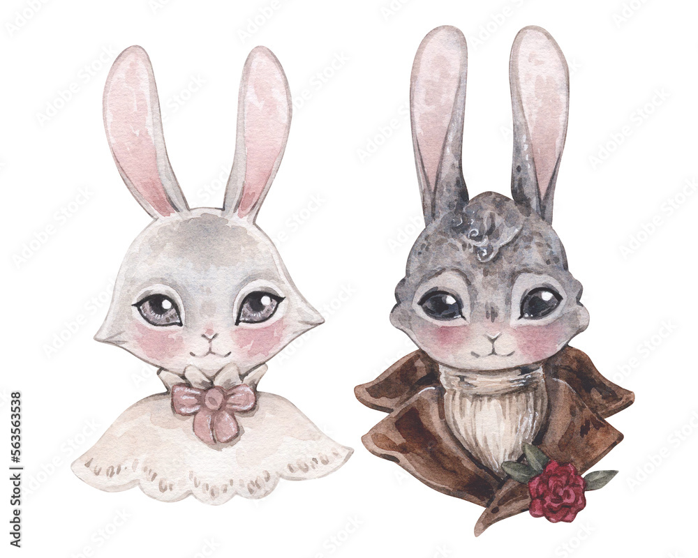 Watercolor vintage illustration with portraits of a couple of rabbits in historical costumes in love. isolated on white.