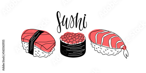 Japan food. Sushi set with calligraphy lettering logo isolated on white background. Asian Sushi. Vector linear sketch with pink spots illustration For menu, recipe, cafe, restaurant. Sushi collection