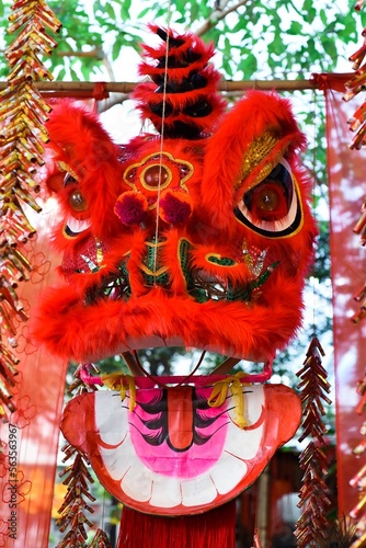 Big red head of dragon as decor for Tet Lunar New Year in Vietnam