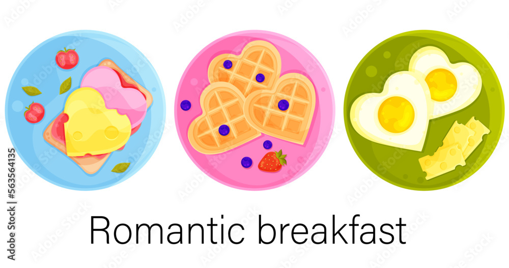 vector illustration set romantic breakfasts, valentines day, food illustration, hand drawing