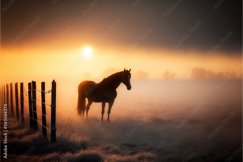 horse at sunset with fog