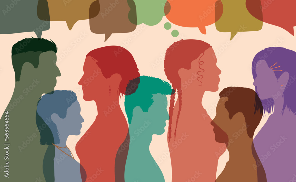 Talk and share ideas with a group of multi-ethnic people. Vector Illustration. It's all about community, speaking and socialising. Having a dialogue and informing each other. Diversity people.