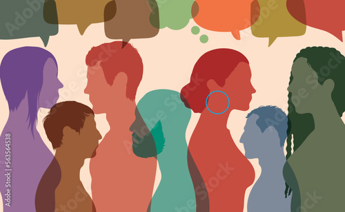 Meeting and networking with a diverse group of people. Speech bubbles. Let's talk in the community. The concept of communication and chatting with friends.