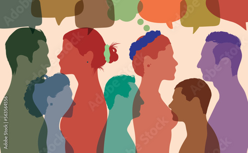 Group of people talking, with speech bubbles in the background. Using social networking to communicate. People conversing with each other. Profile with multiple colours. Vector Illustration.