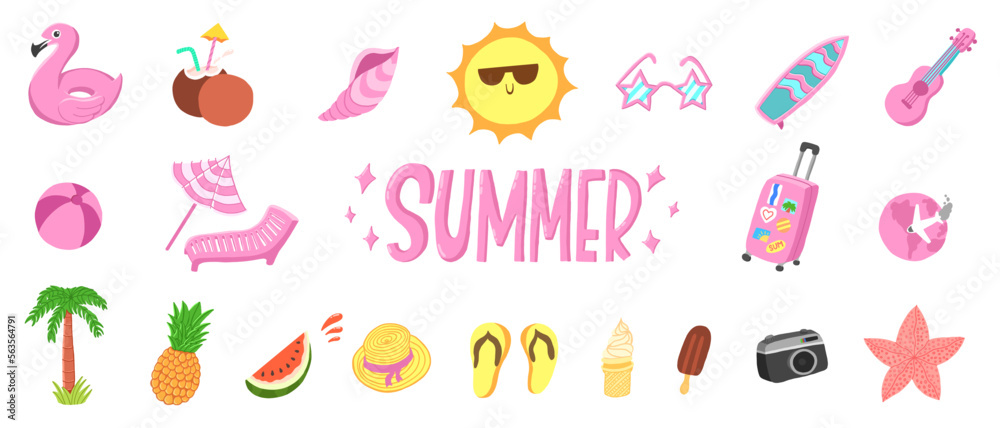Summer holidays. Travel trip. Vector illustrations set in cartoon flat style isolated on white background.