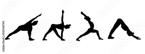Yoga poses collection. Black shadow. Female woman girl. Vector illustration in cartoon flat style isolated on white background.